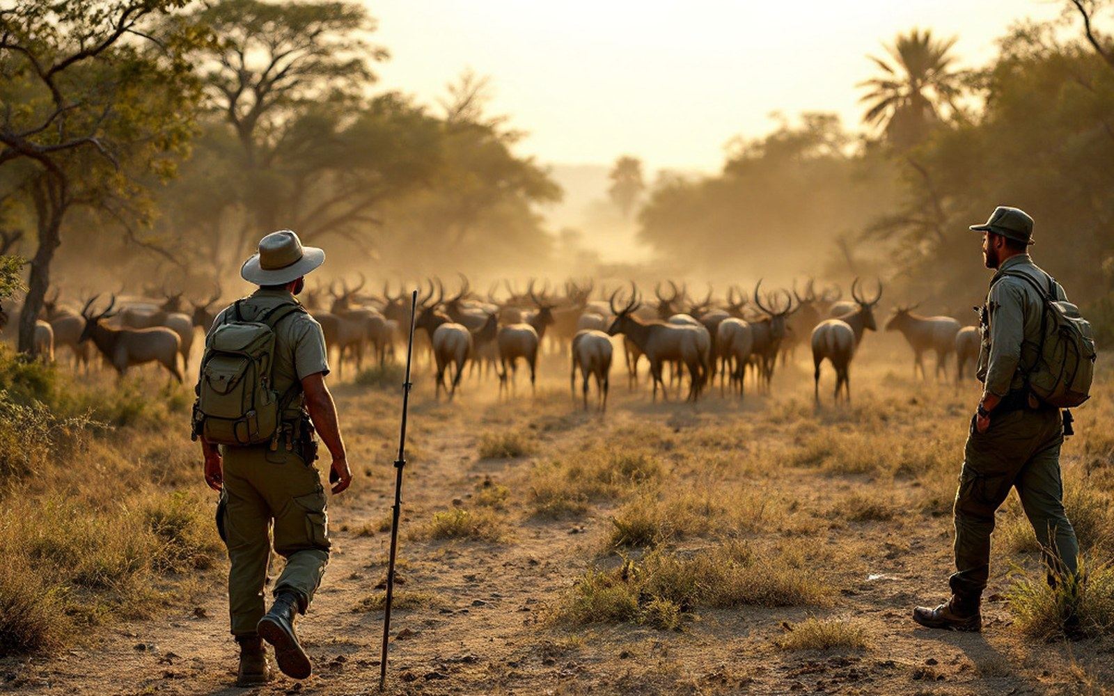 Two rangers walking towards a large antelope herd on open ground at first light