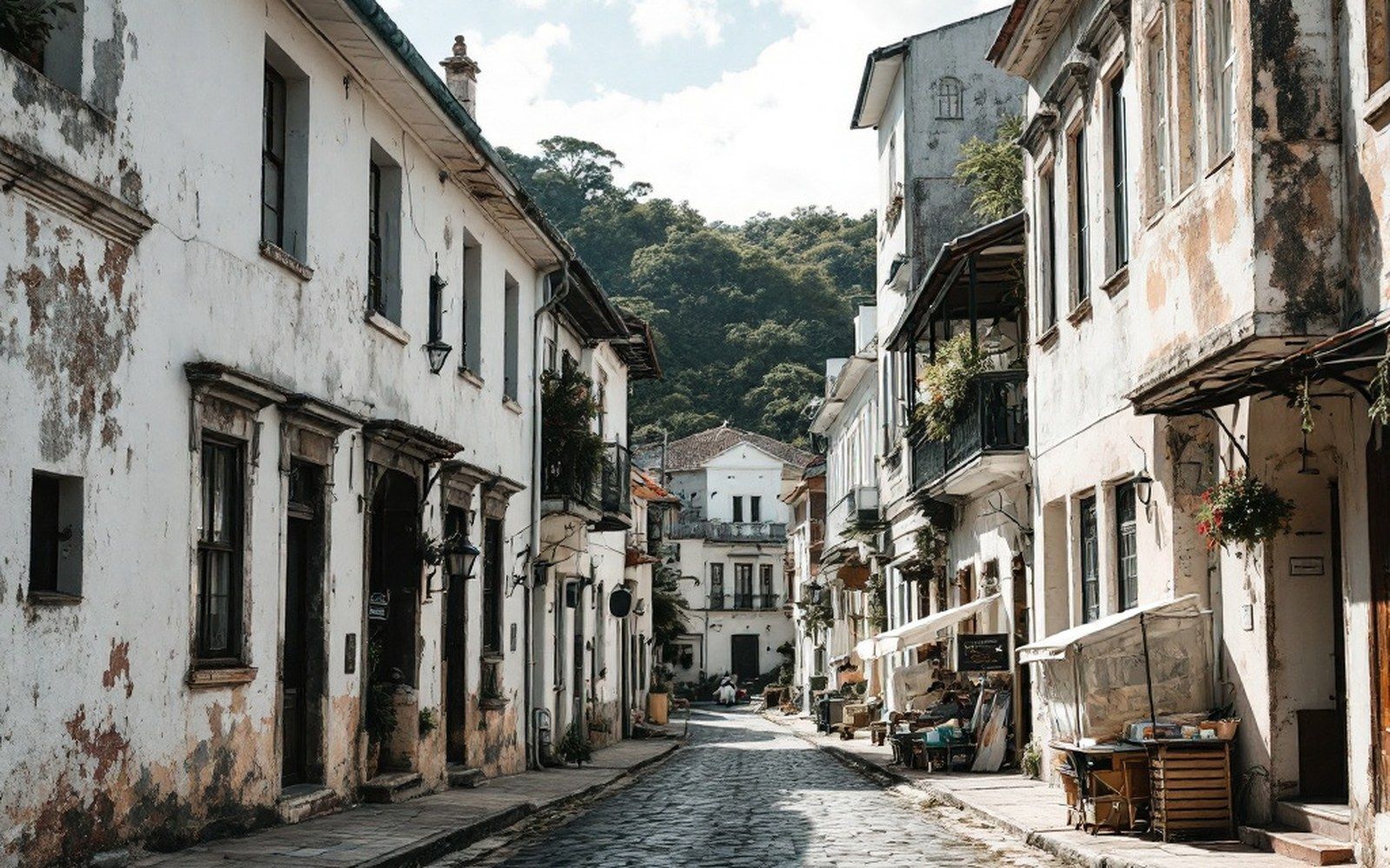 A narrow cobbled street of colonial buildings with render peeling from the walls