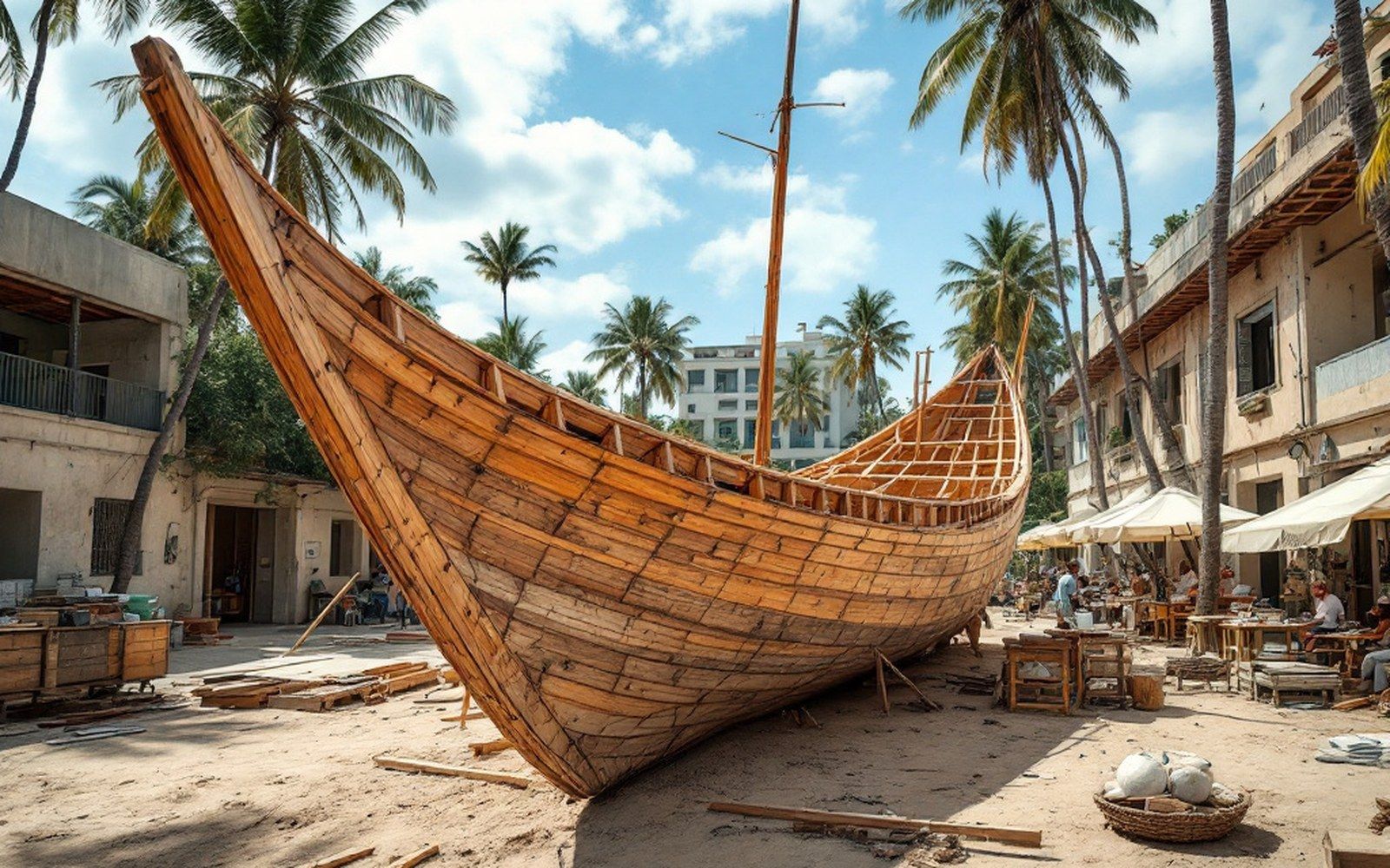 A large wooden hull under construction on sand, planking on and frames still open